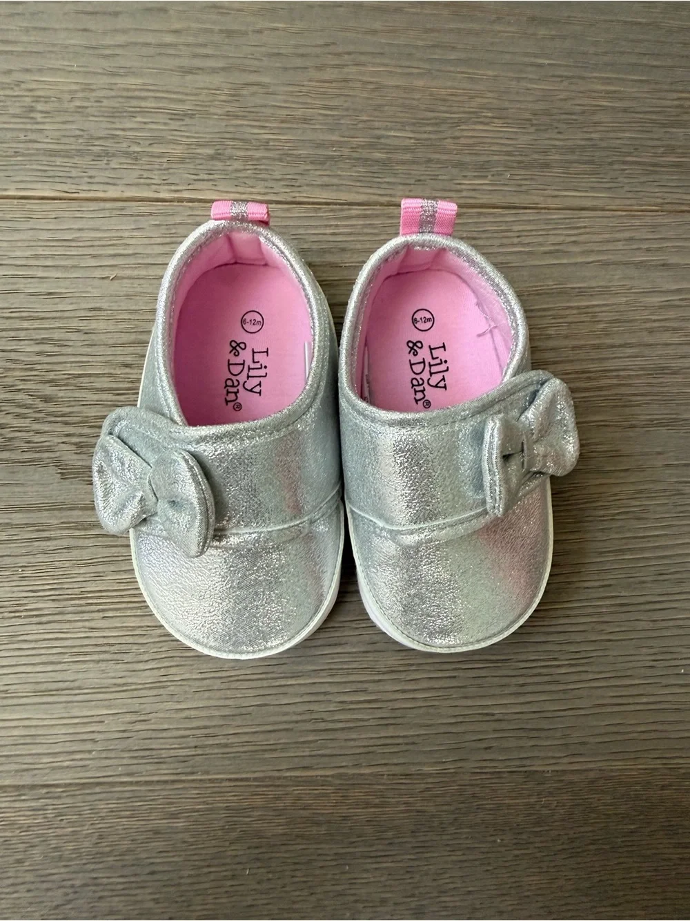 Lily & Dan Baby Silver Bow Slip-On Shoes with Pink Lining